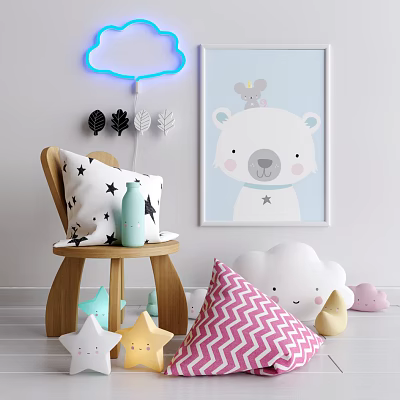 Cute Decorative Pillows With Star And Zigzag Patterns In Kids Room Wooden Chair Neon Light 3d model