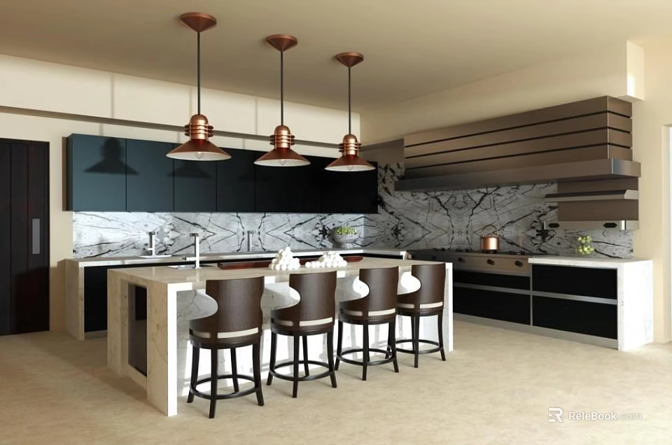Modern Sleek Bar Counter Design With Black Stools Copper Pendant Lights And Marble Top 3d model 