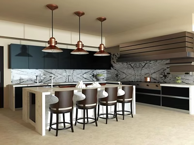 Modern Sleek Bar Counter Design With Black Stools Copper Pendant Lights And Marble Top 3d model
