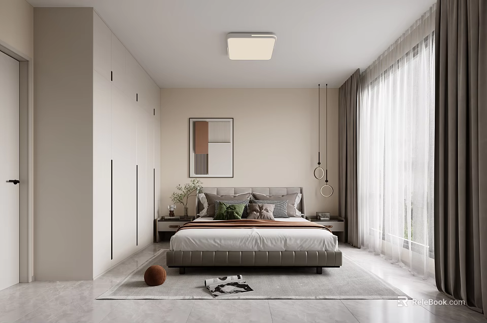 Modern Bedroom Interior Design With Bed Nightstands Curtains Rug And Wall Art 3d model 