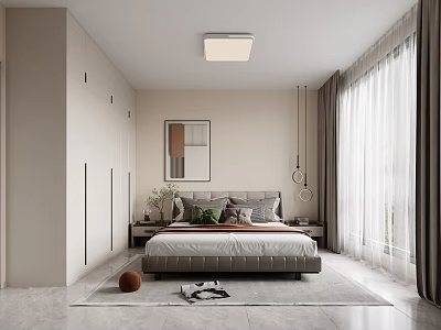 Modern Bedroom Interior Design With Bed Nightstands Curtains Rug And Wall Art 3d model