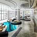 Modern Lobby Reception Desk Design With Green Plants Columns And Soft Lighting