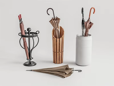 Practical Household Umbrella Stands With Metal Wooden Ceramic Holders And Umbrellas 3d model