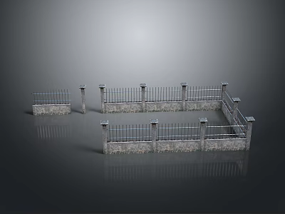 3D Model Fence Components With Stone Pillars And Metal Railings Structure 3d model