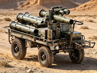 Camouflage Military Tank Equipped With Multiple Missile Launchers In Desert Terrain 3d model