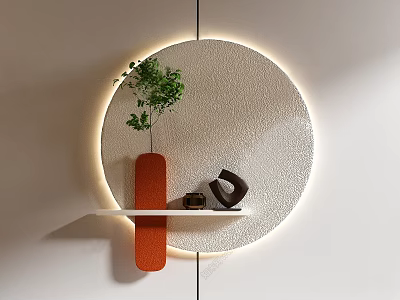 Circular Textured Wall Decor With Lighting White Shelf Orange Vase Green Plant Black Decor 3d model