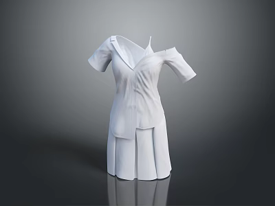 White Off Shoulder Short Sleeve Dress With Pleated Details And Structured Design 3d model