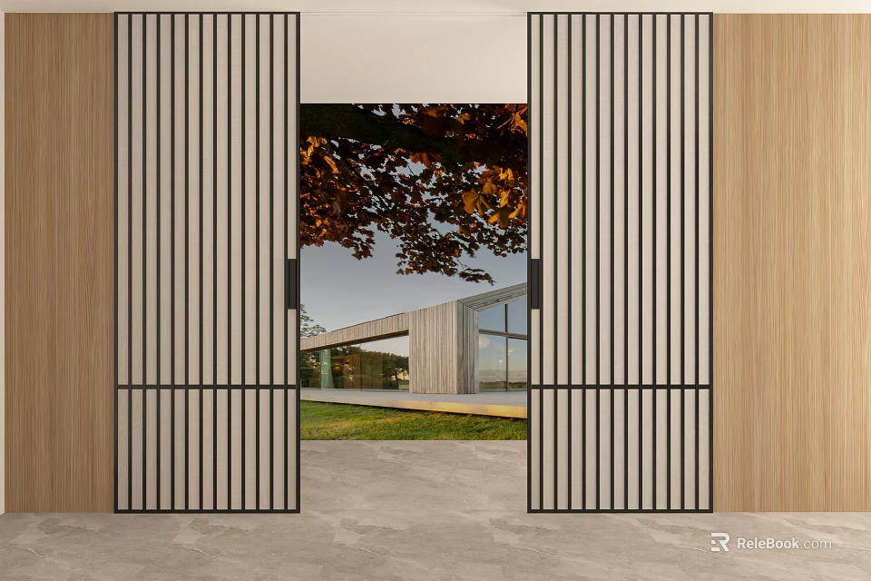 Wooden Vertical Striped Sliding Doors Revealing Modern Building And Natural Lawn View 3d model 