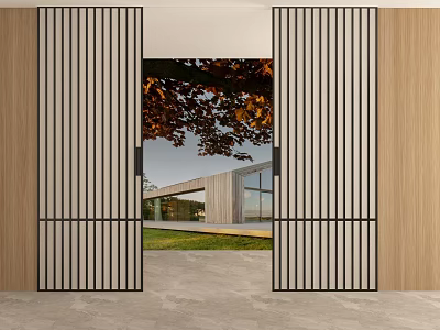 Wooden Vertical Striped Sliding Doors Revealing Modern Building And Natural Lawn View 3d model