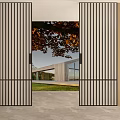 Wooden Vertical Striped Sliding Doors Revealing Modern Building And Natural Lawn View