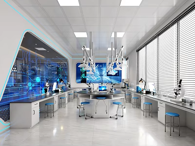 School Modern Science Laboratory With Advanced Equipment Workstations Microscopes Digital Screens And Ergonomic Stools 3d model