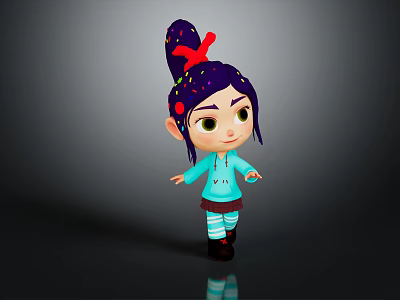 Adorable 3D Animated Character With Purple Hair Red Bow Blue Top And Striped Socks 3d model