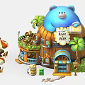 Colorful Charming Cartoon Scene Featuring Blue Bear-shaped Building Palm Trees Small Stalls and Umbrella Tables