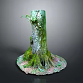 Ancient Tree Stump With Lush Green Moss On Trunk And Leaf Covered Ground