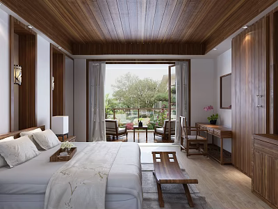 Luxurious Hotel Guest Room with Wooden Ceiling Floor-to-Ceiling Windows Scenic Outdoor View and King Bed 3d model