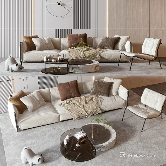 Modern Stylish Sofa Coffee Table Set With Plush Pillows And Round Marble Top 3d model 