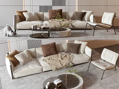 Modern Stylish Sofa Coffee Table Set With Plush Pillows And Round Marble Top 3d model