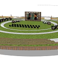 Garden Landscape Design With Circular Lawn Wooden Seats Terrace Steps And Surrounding Trees
