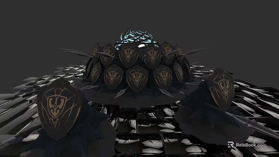 Black Armored Mythical Creature Structure With Glowing Blue Top And Emblem Shields 3d model 