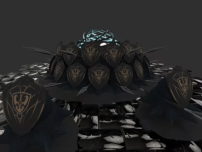 Black Armored Mythical Creature Structure With Glowing Blue Top And Emblem Shields 3d model