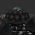 Black Armored Mythical Creature Structure With Glowing Blue Top And Emblem Shields