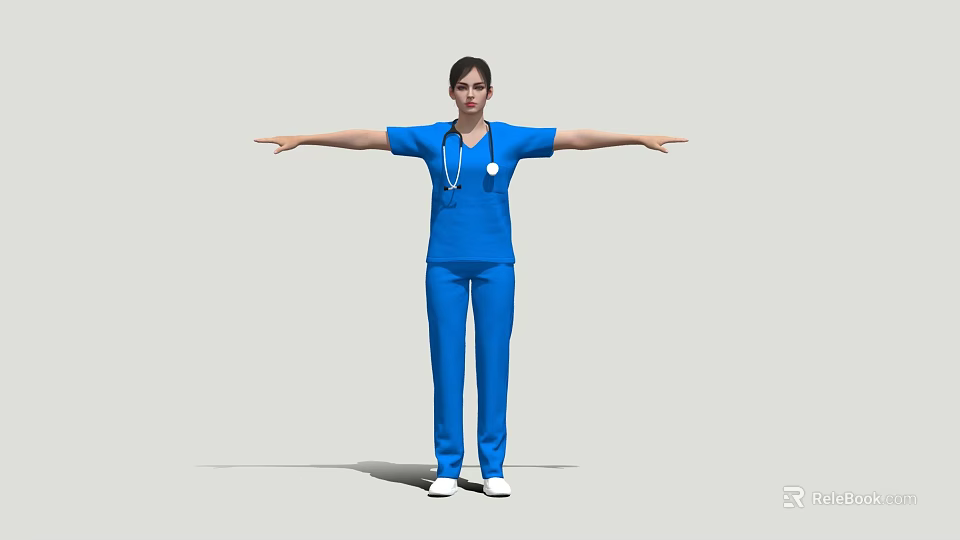 Woman in blue medical scrubs with stethoscope standing arms outstretched on white background 3d model 