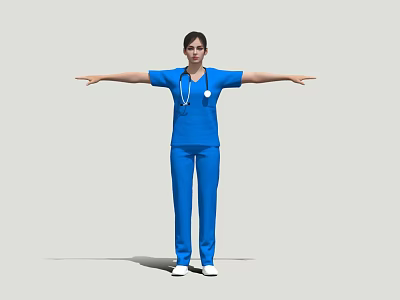 Woman in blue medical scrubs with stethoscope standing arms outstretched on white background 3d model