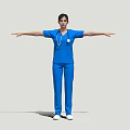 Woman in blue medical scrubs with stethoscope standing arms outstretched on white background