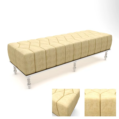 Elegant Beige Diamond Tufted Ottoman Bench With Silver Metal Legs 3d model