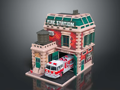 Cartoon Fire Station Scene With Red Brick Building And Fire Truck 3d model