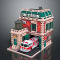 Cartoon Fire Station Scene With Red Brick Building And Fire Truck