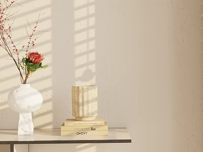 Stylish Decorative Ornament Set With Marble Vase Red Flower Textured Candle Holder Books On Table 3d model