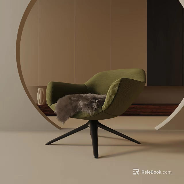 Green Lounge Chair with Faux Fur Throw Black Star Base and Curved Wall Decor 3d model 