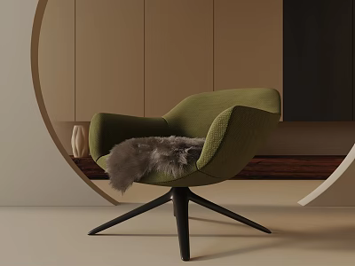 Green Lounge Chair with Faux Fur Throw Black Star Base and Curved Wall Decor 3d model