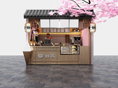 Japanese Style Snack Stand With Cherry Blossoms Wooden Structure Glass Cabinet Drinks Food Counter 3d model