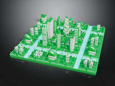 Cartoon City Scene Green Model With Skyscrapers Buildings Streets And Trees 3d model