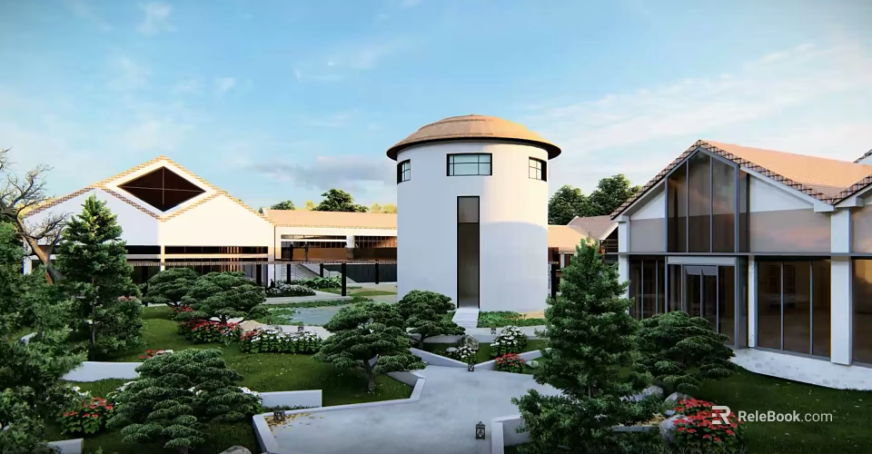 Modern Boutique Homestay Building With White Circular Tower And Garden Greenery 3d model 