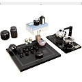 Modern Tea Set Featuring Black Tray Teapot Teacups And Tea Canisters 3d model