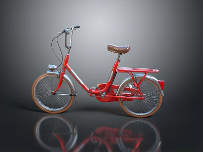 Red Vintage Bicycle With Brown Seat And Silver Frame On Reflective Surface 3d model