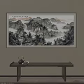 Chinese Traditional Landscape Painting Hanging On Wall With Wooden Table Teapot And Teacup