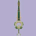 Enchanted Golden Sword With Green Gemstone Accents Leaf Shaped Decorations And Circular Hilt Design