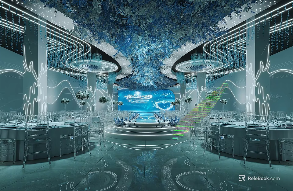 Blue Themed Banquet Hall With Luxurious Ceiling Decor Stage And Round Tables 3d model 