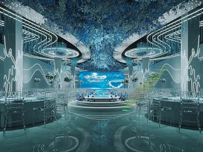 Blue Themed Banquet Hall With Luxurious Ceiling Decor Stage And Round Tables 3d model