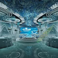 Blue Themed Banquet Hall With Luxurious Ceiling Decor Stage And Round Tables