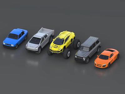 Various Types Of Toy Cars In Different Colors Including Blue Silver Yellow Grey And Orange 3d model