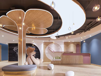 Modern Kindergarten Interior With Tree Structure Teddy Bear And Reception Area 3d model