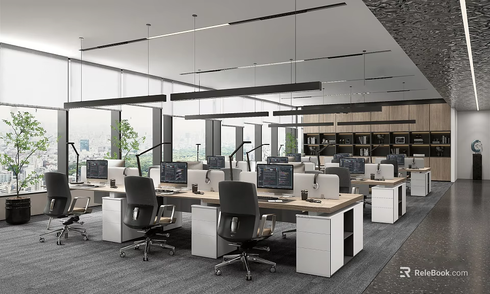 Modern Office Interior With Multiple Workstations Computers Black Ergonomic Chairs Large Windows And City View 3d model