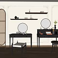 Stylish Dressing Tables Interior With Mirrors Rattan Screen Stool Chair And Wall Shelf