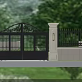 Ornate Black Wrought Iron Entrance Gate With White Pillars And Lights