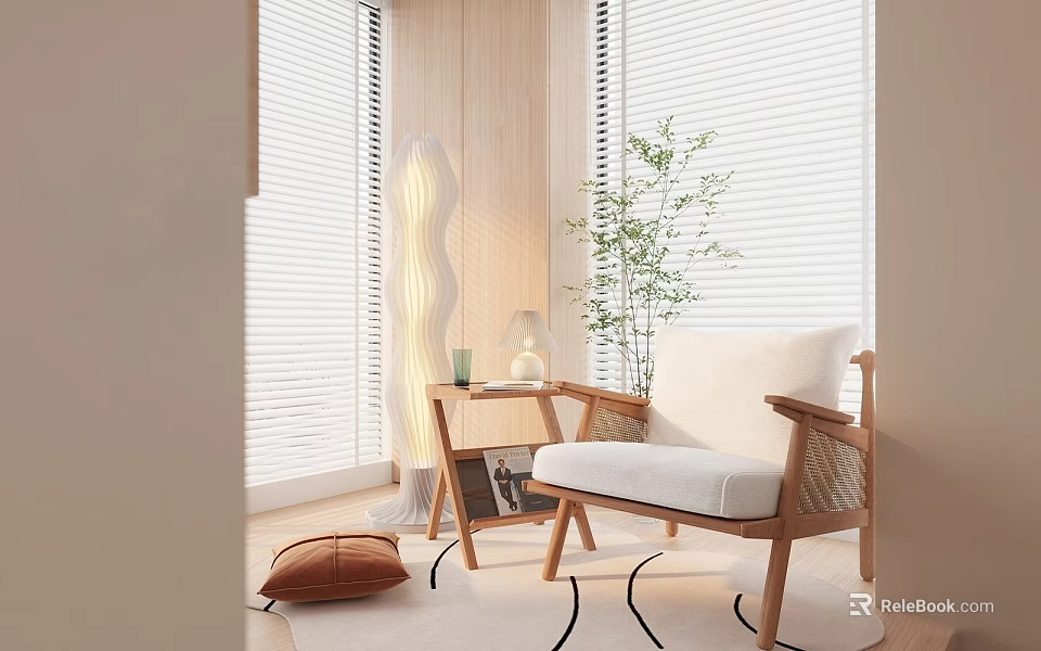 Cozy Modern Leisure Chair with Window Blinds Plant Side Table and Lamp 3d model 